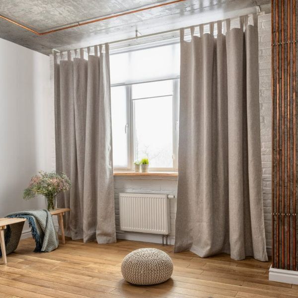 LINEN TAB TOP BLACKOUT CURTAIN WITH LINING - CUSTOM /WHITE/GREY COLORS - Image 1